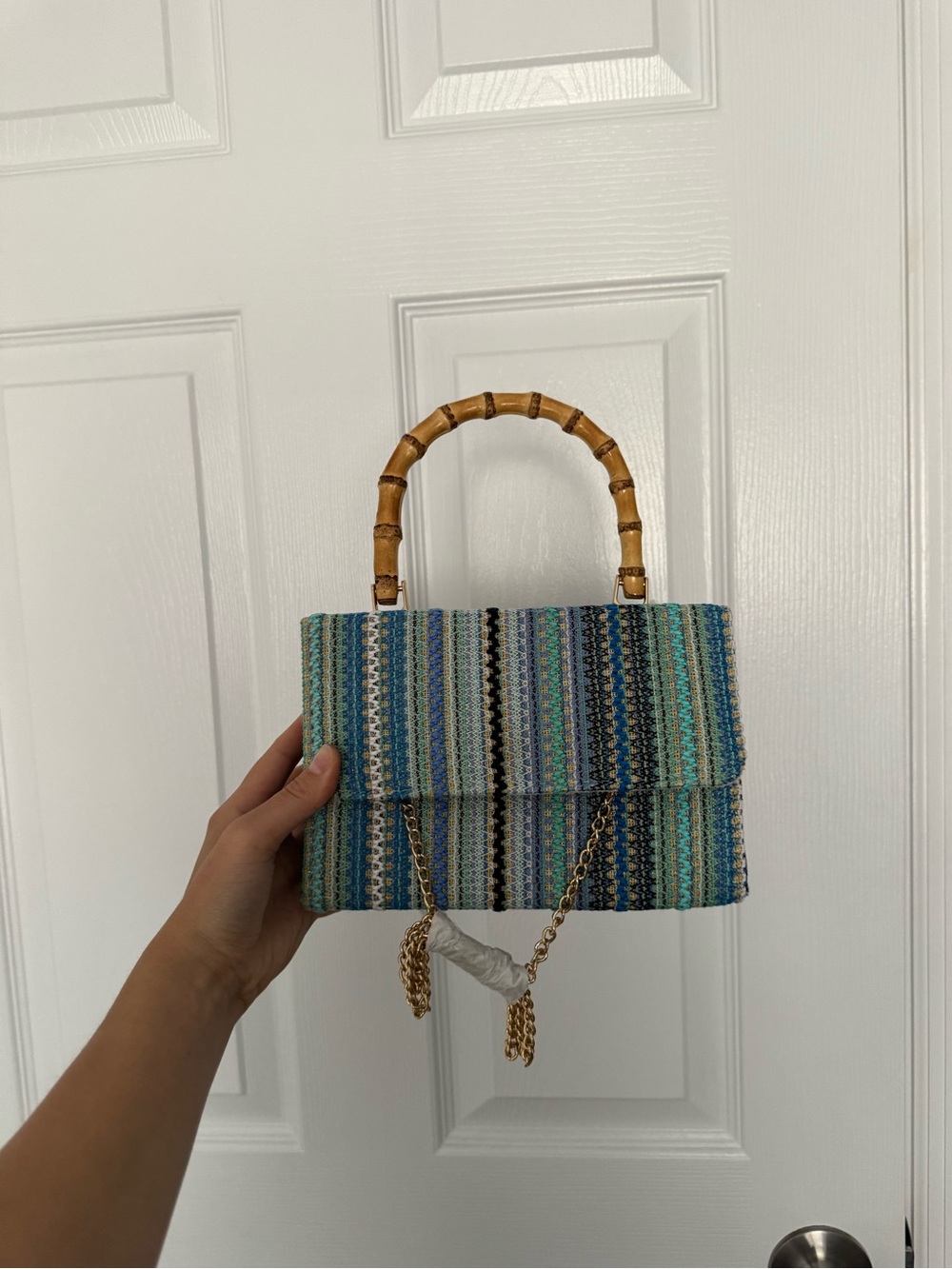 Blue Multi-Striped Bamboo Handle Shoulder Bag